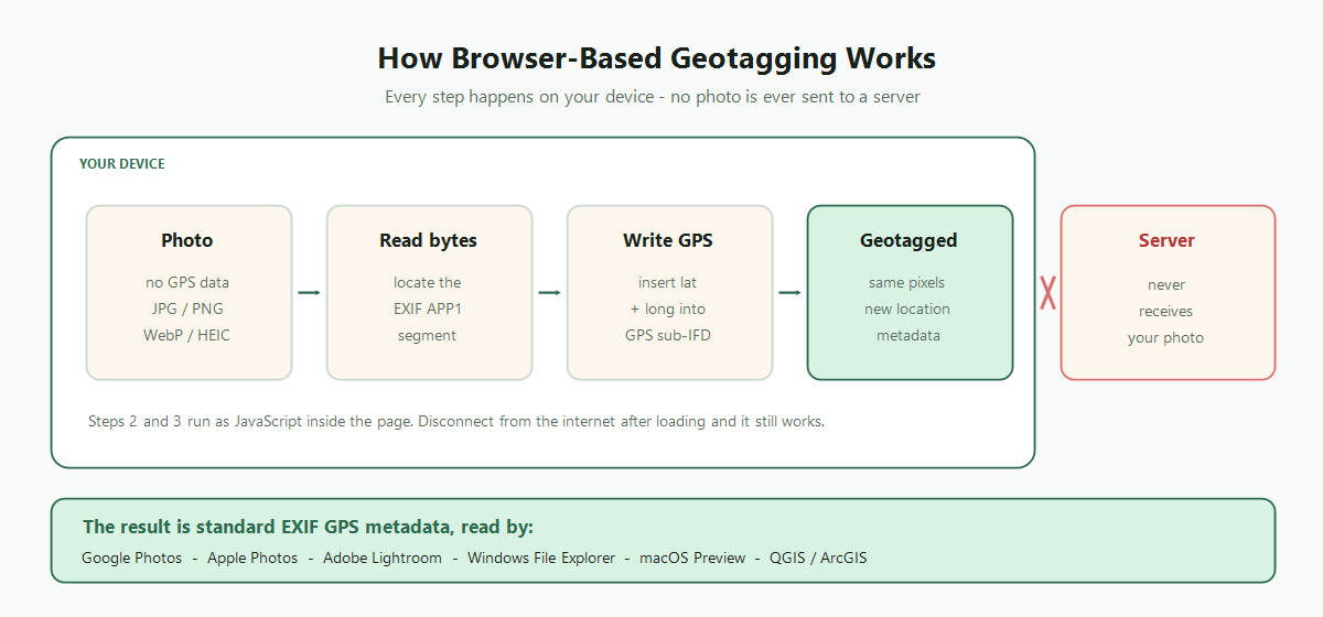 Diagram showing browser-based geotagging: a photo with no GPS data, reading its EXIF APP1 segment, writing latitude and longitude into the GPS sub-IFD, and producing a geotagged photo — all on the user's device, with the server never receiving the photo.