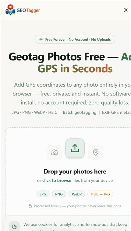 FreeGeoTagger running in a mobile browser, showing the photo drop area sized for a phone screen.