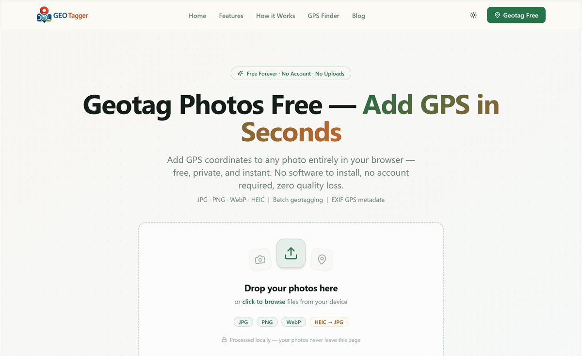 FreeGeoTagger's geotagging tool showing the drag-and-drop upload area with JPG, PNG, WebP and HEIC format badges and a note that photos are processed locally.