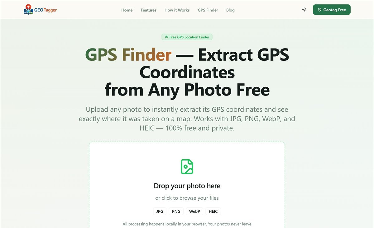 FreeGeoTagger's GPS Finder page, used to read existing EXIF GPS coordinates out of a photo and show the location on a map.